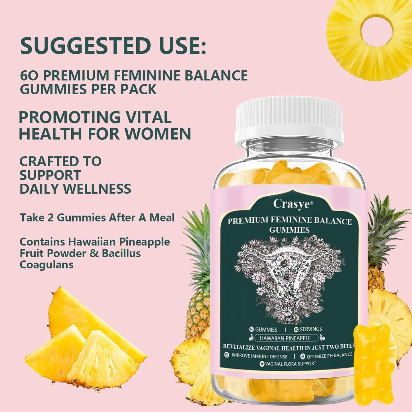 PH Balance Vaginal Health Gummies Probiotics Hawaiian Pineapple Female Gummy for Women Private Area - 60 Gummies - 30 Servings