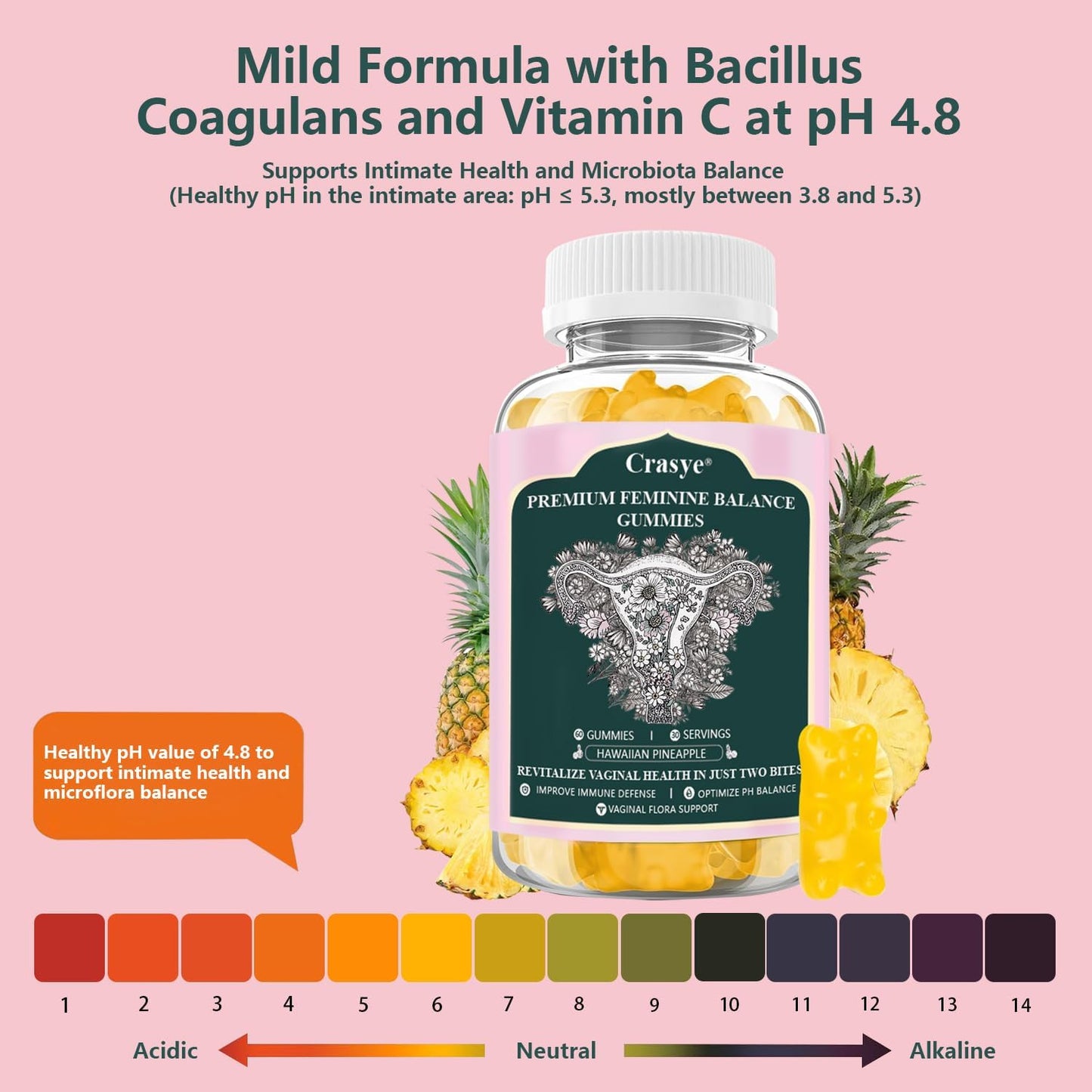 PH Balance Vaginal Health Gummies Probiotics Hawaiian Pineapple Female Gummy for Women Private Area - 60 Gummies - 30 Servings